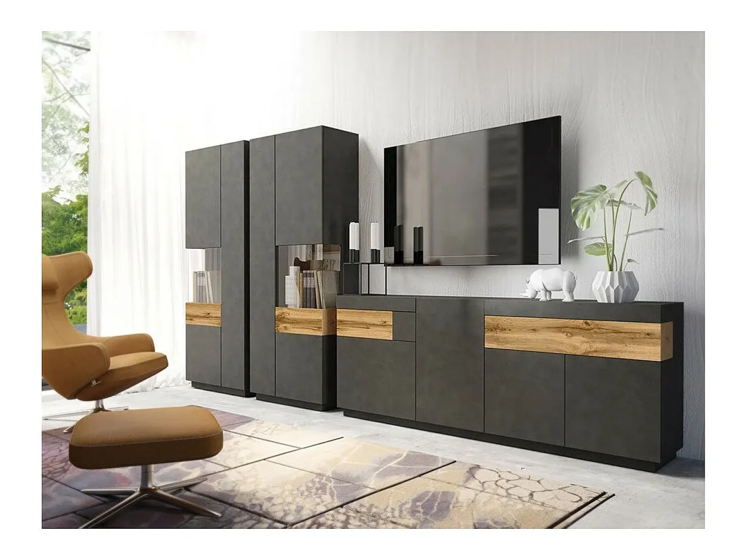 Buffet 4 puertas 2 cajones KILES – Gris antracita & roble claro – Diseño moderno y espacioso