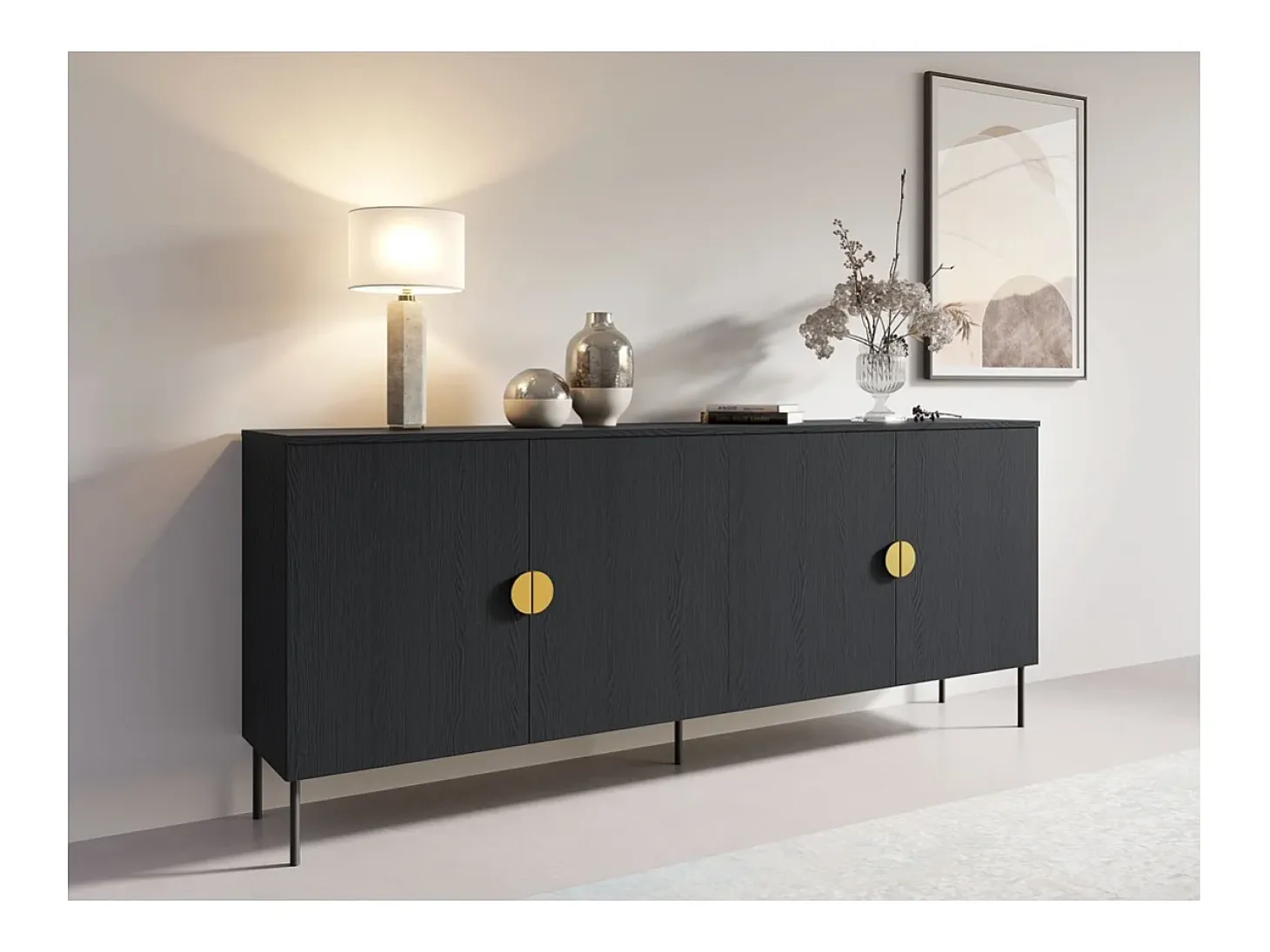 Buffet 4 puertas MONDO – Negro mate, patas de metal y manijas doradas – Diseño moderno