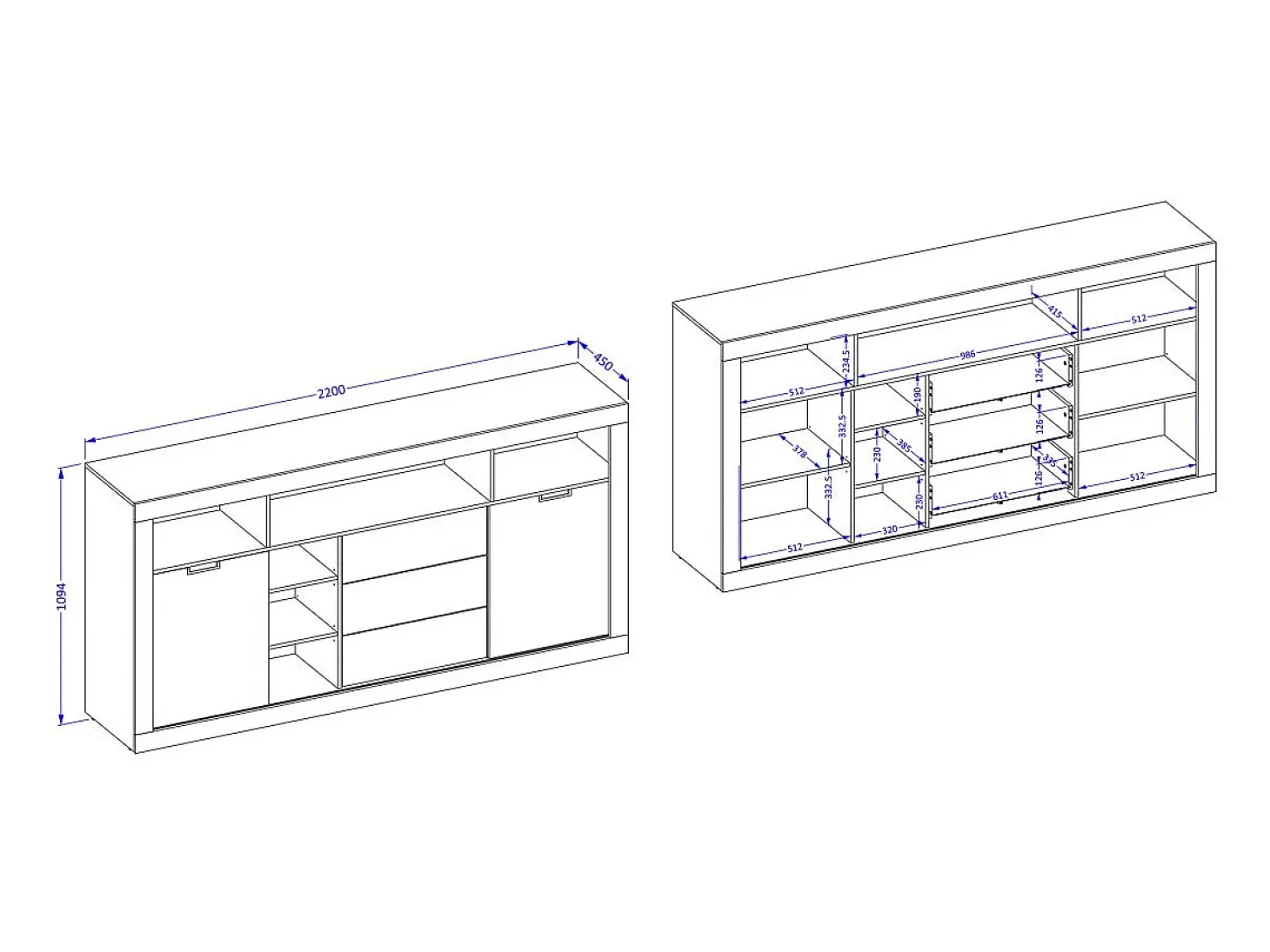 Buffet alto XL MEUNIER – 2 puertas correderas, 3 cajones & 6 nichos – Roble Samdal & negro mate