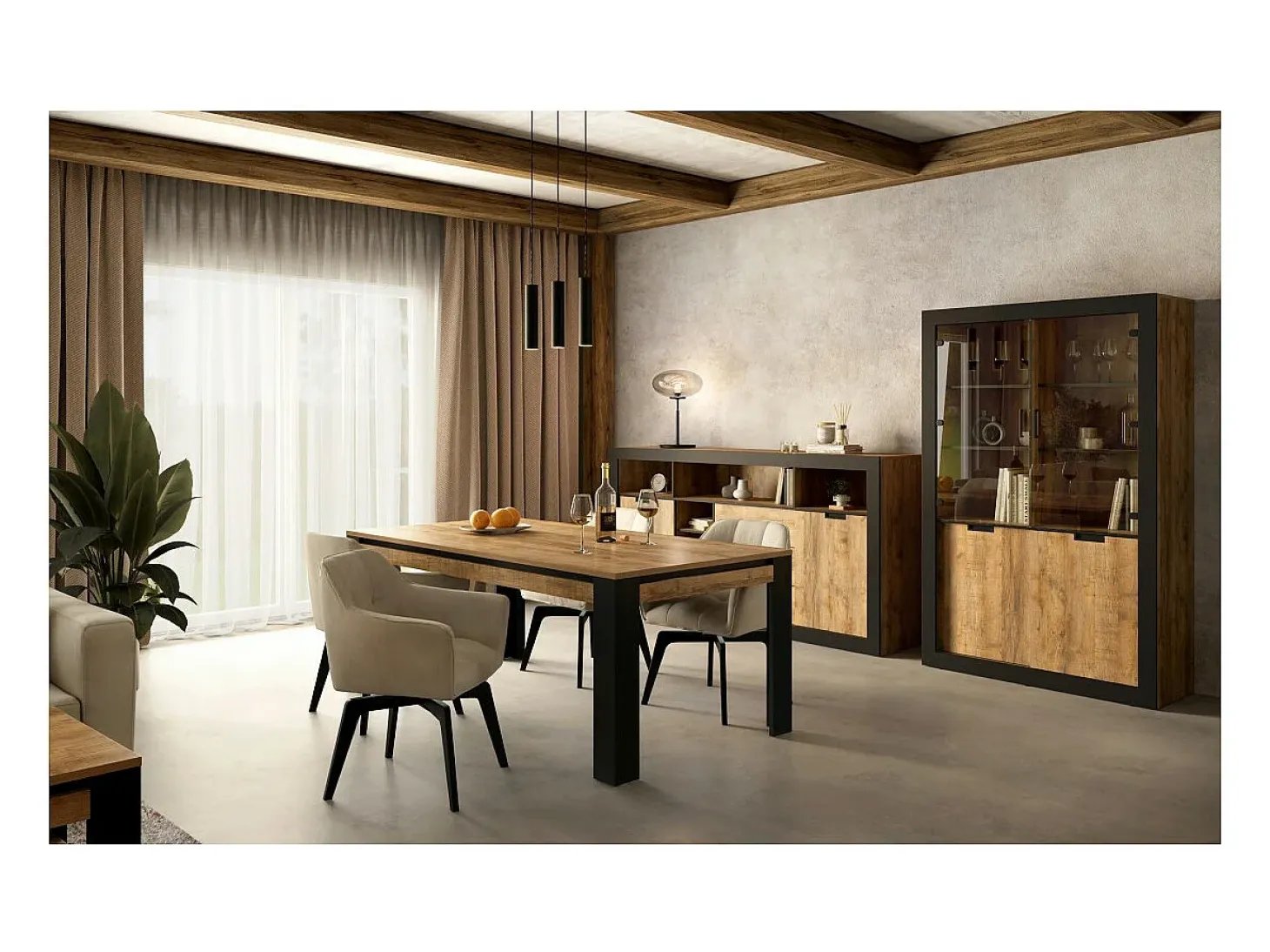 Buffet alto XL MEUNIER – 2 puertas correderas, 3 cajones & 6 nichos – Roble Samdal & negro mate