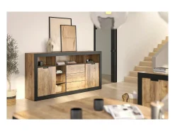 Buffet alto XL MEUNIER – 2 puertas correderas, 3 cajones & 6 nichos – Roble Samdal & negro mate