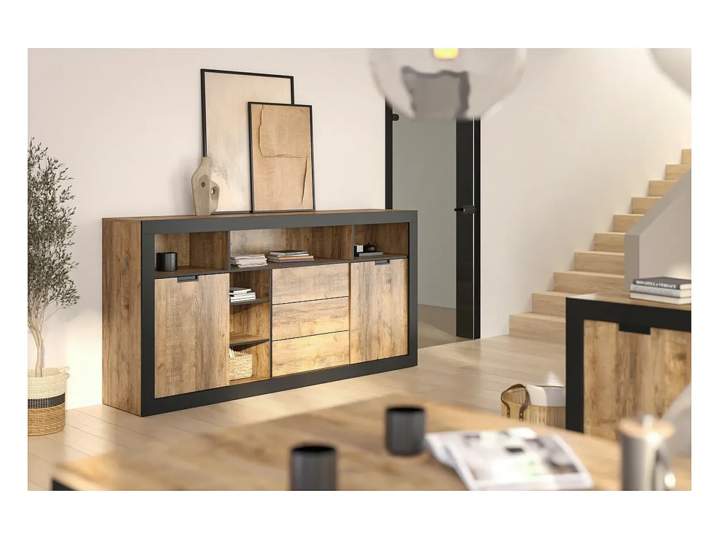 Buffet alto XL MEUNIER – 2 puertas correderas, 3 cajones & 6 nichos – Roble Samdal & negro mate