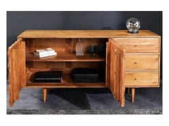 Buffet ARAVIS 145 cm – Madera maciza de acacia claro tallado – 2 puertas y 3 cajones