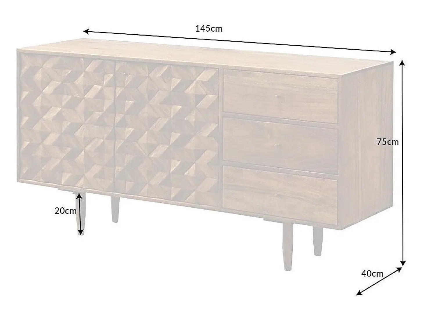 Buffet ARAVIS 145 cm – Madera maciza de acacia claro tallado – 2 puertas y 3 cajones