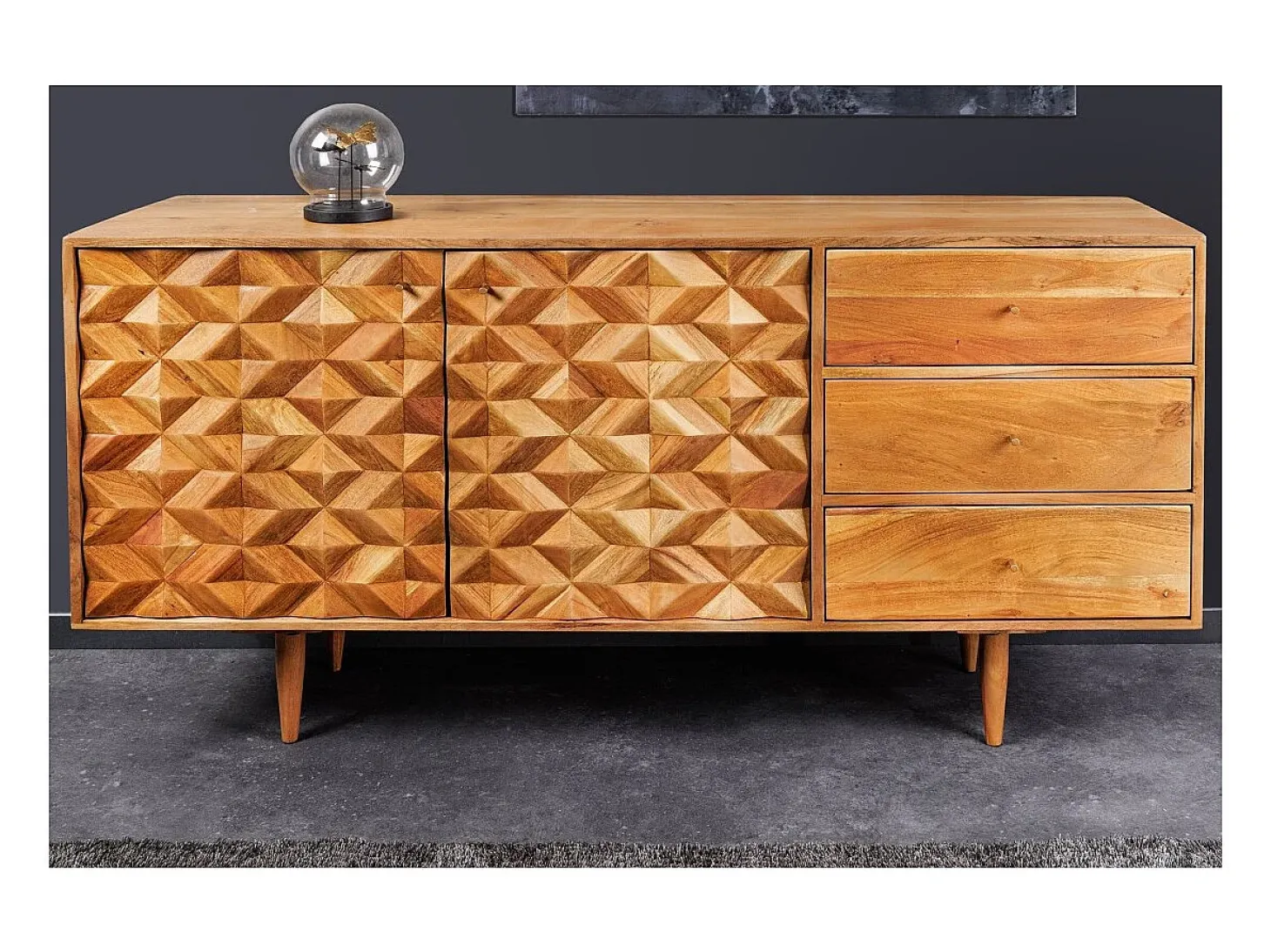 Buffet ARAVIS 145 cm – Madera maciza de acacia claro tallado – 2 puertas y 3 cajones