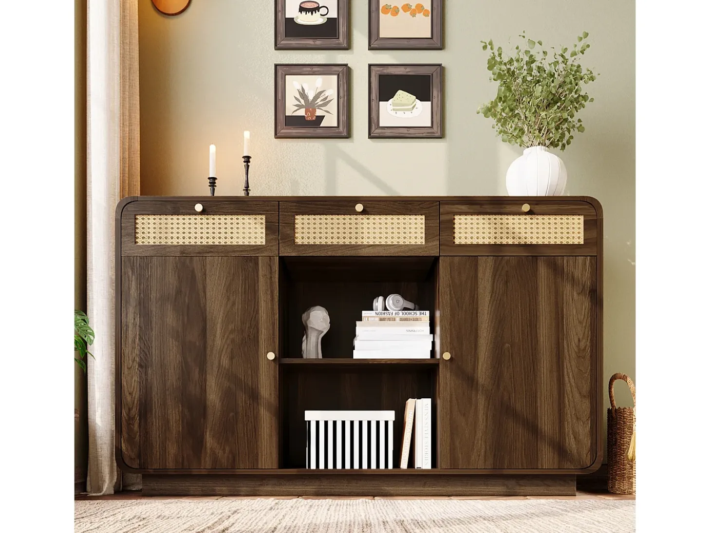 Buffet aspecto nogal 120x40x85cm - con 2 puertas y 3 cajones de ratán - compartimentos abiertos - Nogal