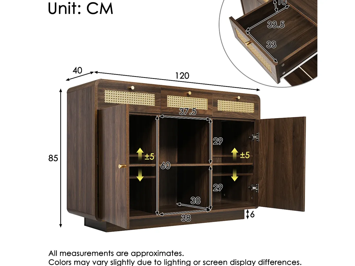 Buffet aspecto nogal 120x40x85cm - con 2 puertas y 3 cajones de ratán - compartimentos abiertos - Nogal