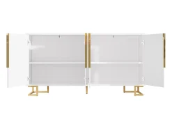 Buffet blanco con diseño geométrico, poignées y pieds dorés, MDF, (152x40x75 cm)