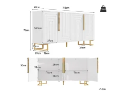 Buffet blanco con diseño geométrico, poignées y pieds dorés, MDF, (152x40x75 cm)