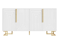 Buffet blanco con diseño geométrico, poignées y pieds dorés, MDF, (152x40x75 cm)