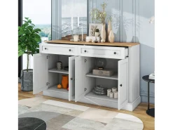 Buffet blanco y natural, 2 tiroirs y 4 puertas, gamas nombreux, fusión de lo moderno y lo vintage