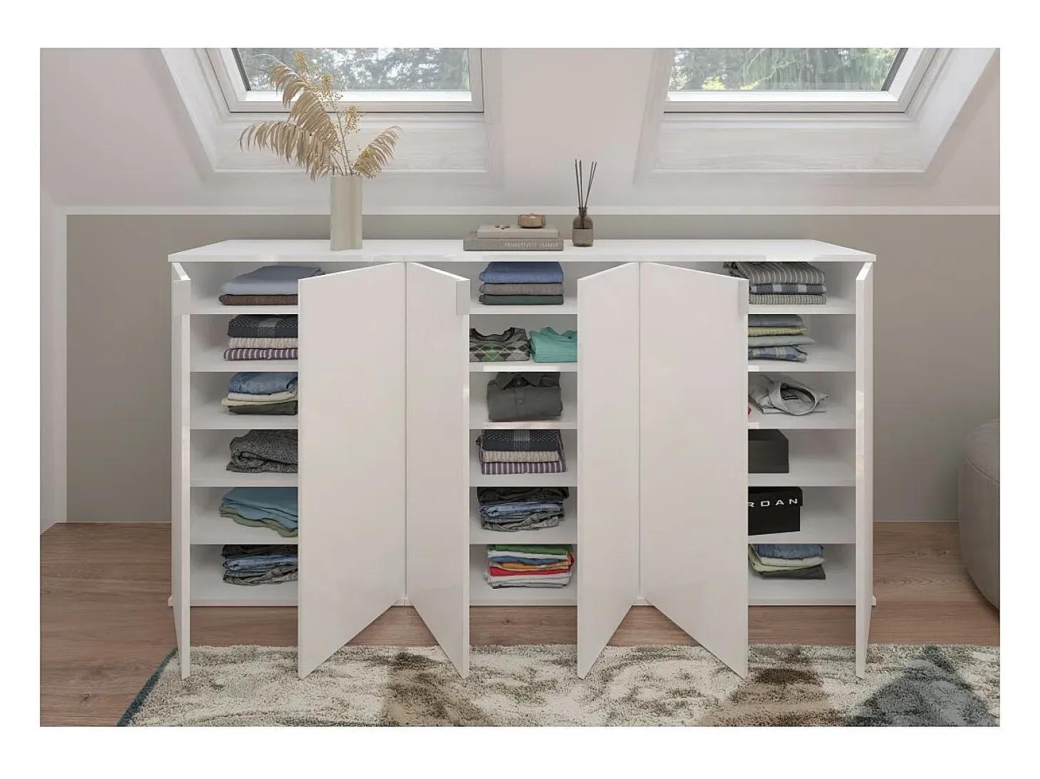 Buffet BODITE – 6 puertas – Blanco lacado – Gran mueble de almacenamiento
