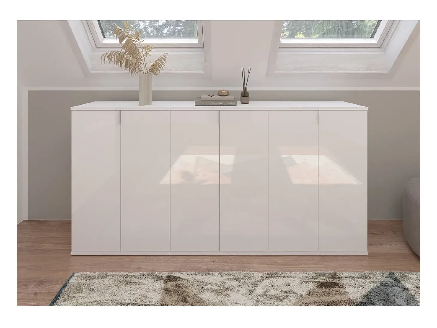Buffet BODITE – 6 puertas – Blanco lacado – Gran mueble de almacenamiento