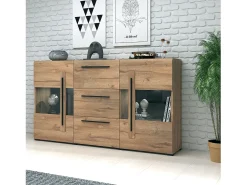 Buffet 180cm colección BREDA con dos puertas parcialmente acristaladas y tres cajones. Color Roble.