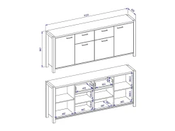 Buffet 210cm colección TIVORA 4 puertas, 2 cajones. Color roble y negro