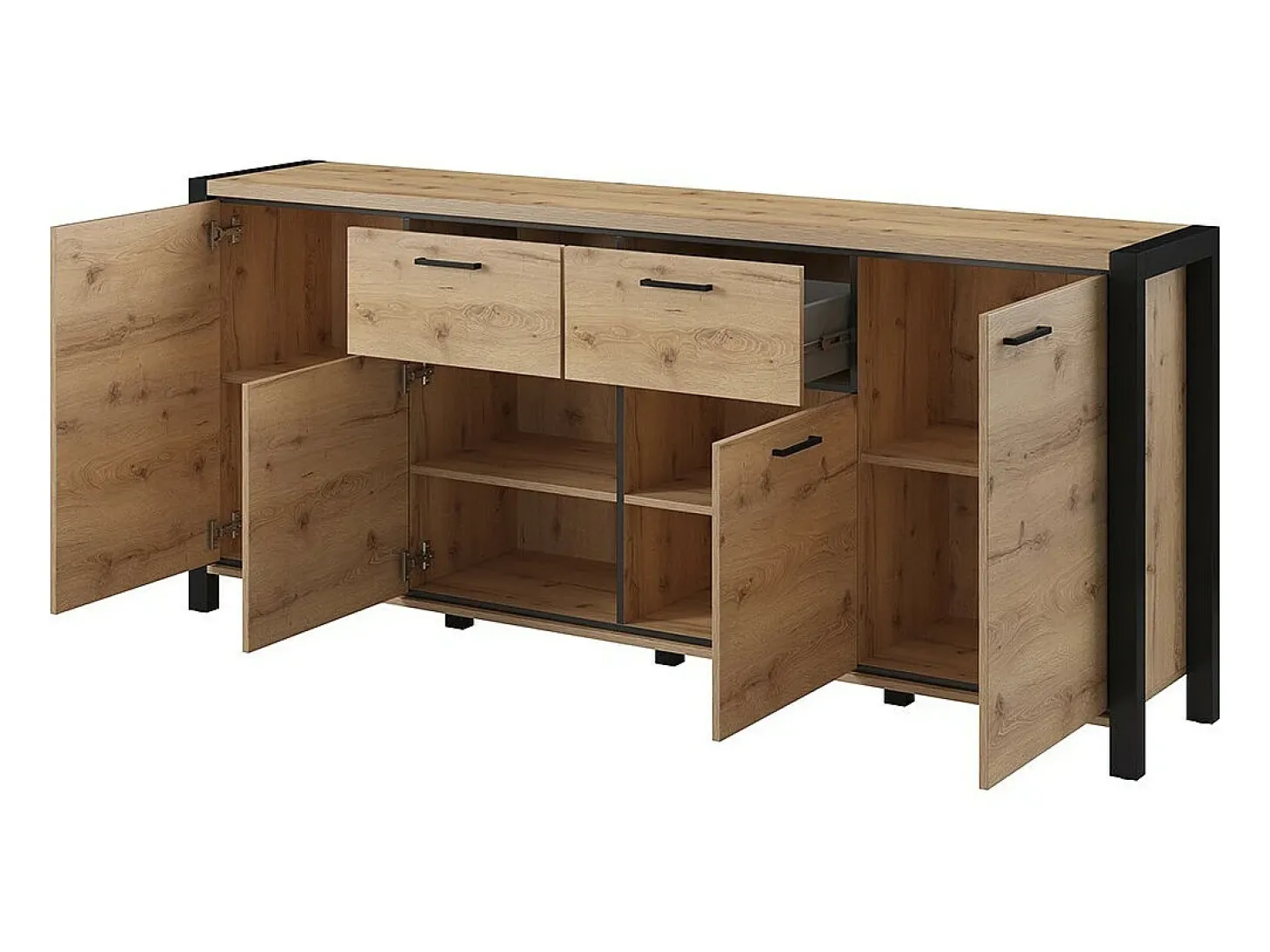 Buffet 210cm colección TIVORA 4 puertas, 2 cajones. Color roble y negro