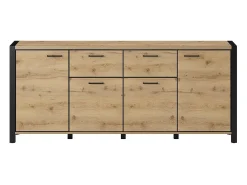 Buffet 210cm colección TIVORA 4 puertas, 2 cajones. Color roble y negro