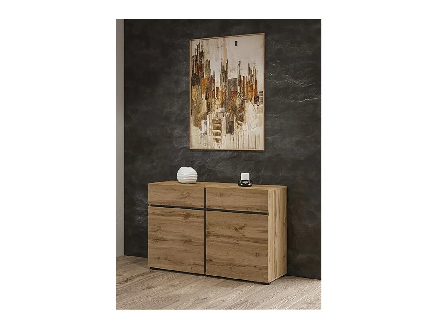 Buffet 120cm coloris chêne et noir collection HAVANA. Aparador de diseño con 2 puertas y 2 cajones.
