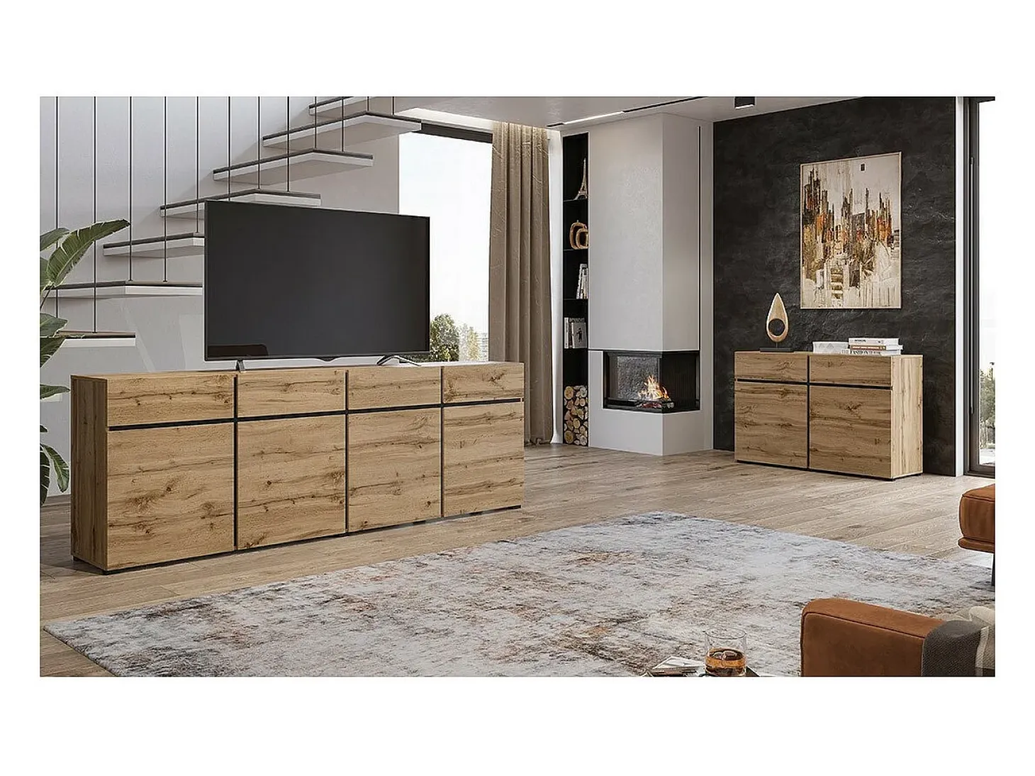Buffet 120cm coloris chêne et noir collection HAVANA. Aparador de diseño con 2 puertas y 2 cajones.