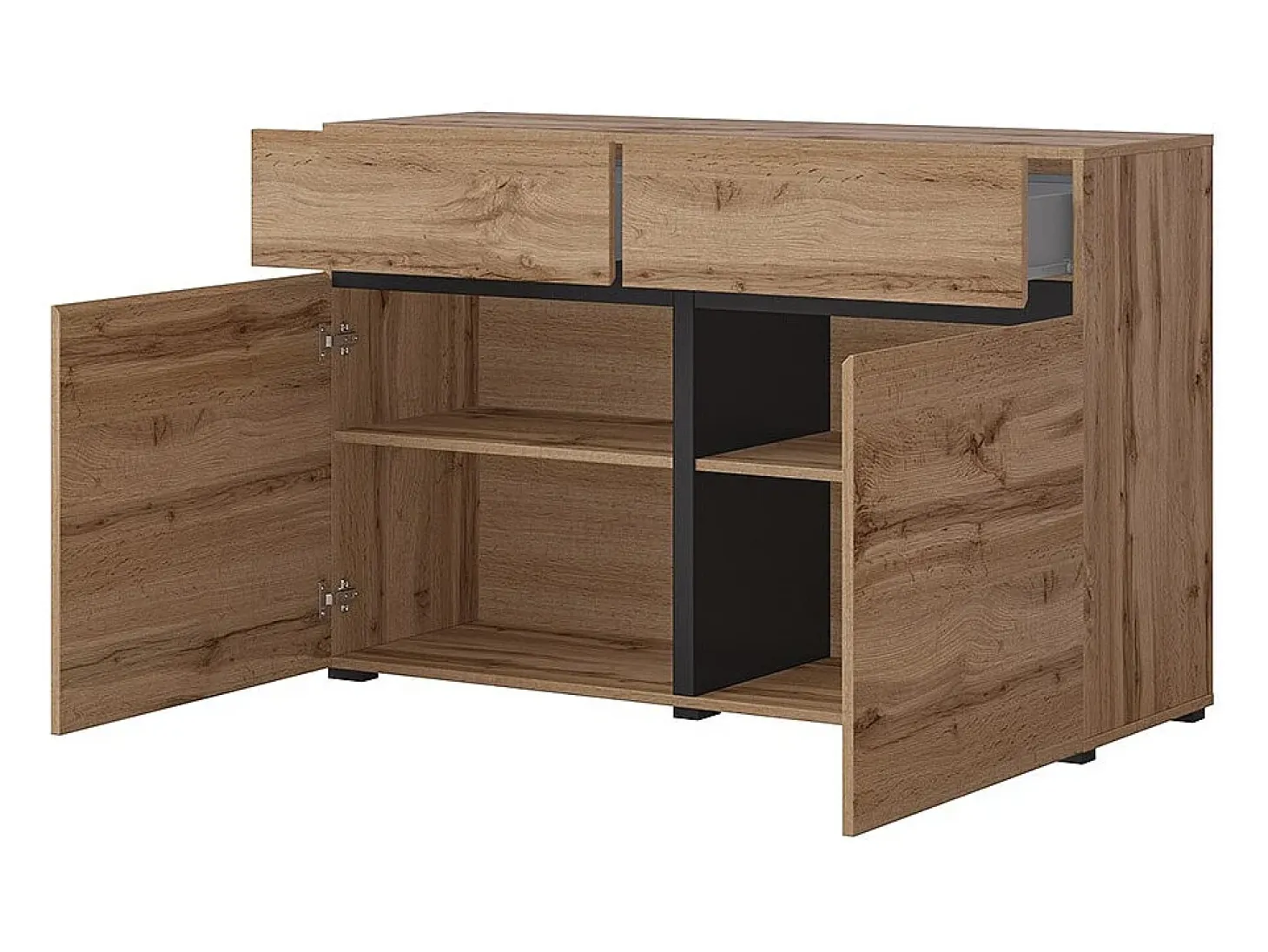 Buffet 120cm coloris chêne et noir collection HAVANA. Aparador de diseño con 2 puertas y 2 cajones.