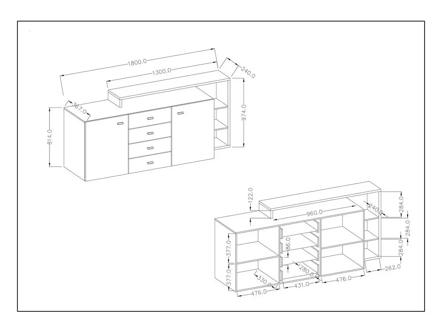 Buffet con estantería integrada colección BERGAME 180cm. Color negro super mate.