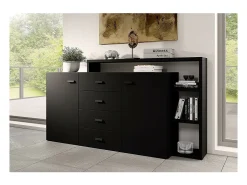 Buffet con estantería integrada colección BERGAME 180cm. Color negro super mate.