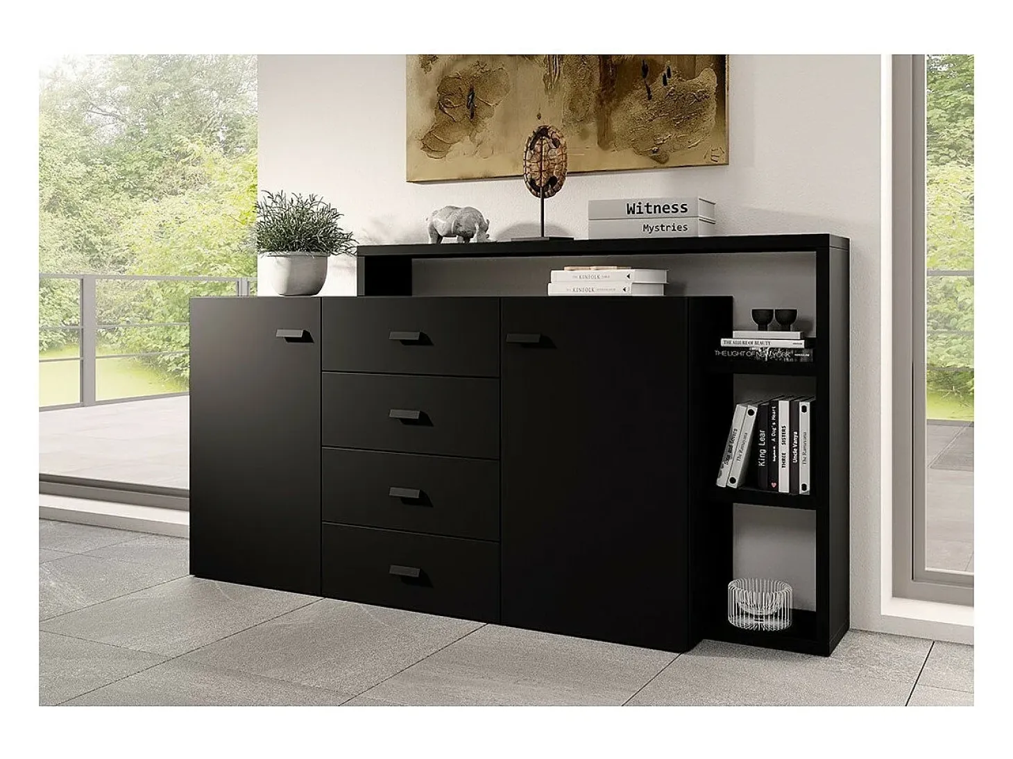 Buffet con estantería integrada colección BERGAME 180cm. Color negro super mate.