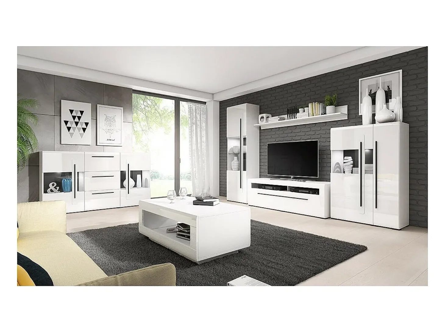Buffet de 180 cm colección BREDA con dos puertas parcialmente acristaladas y tres cajones. Color blanco.
