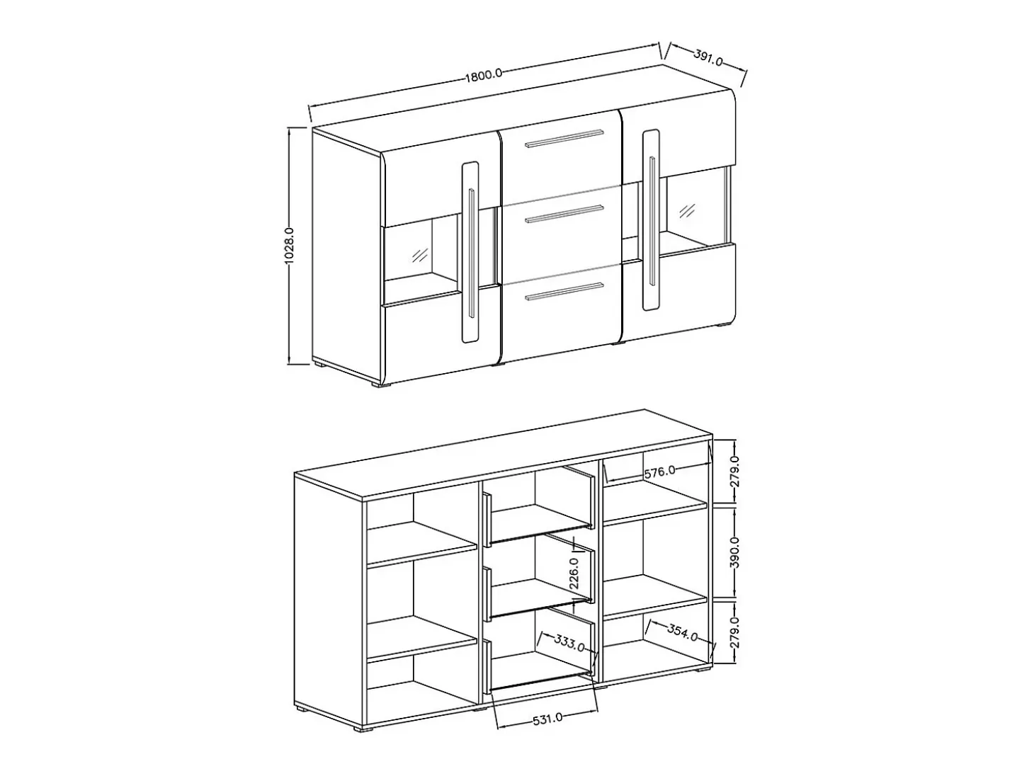 Buffet de 180 cm colección BREDA con dos puertas parcialmente acristaladas y tres cajones. Color Roble.