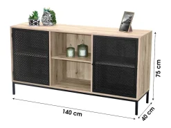 Buffet de 2 puertas con rejilla de metal negro - Color roble claro, dimensiones 100x40xH75 cm - Colección METALIX
