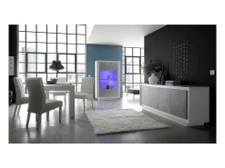 Buffet de 4 puertas en madera, colección FALL, en color blanco brillante lacado y gris efecto concreto.