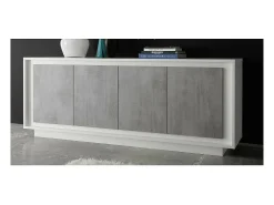 Buffet de 4 puertas en madera, colección FALL, en color blanco brillante lacado y gris efecto concreto.