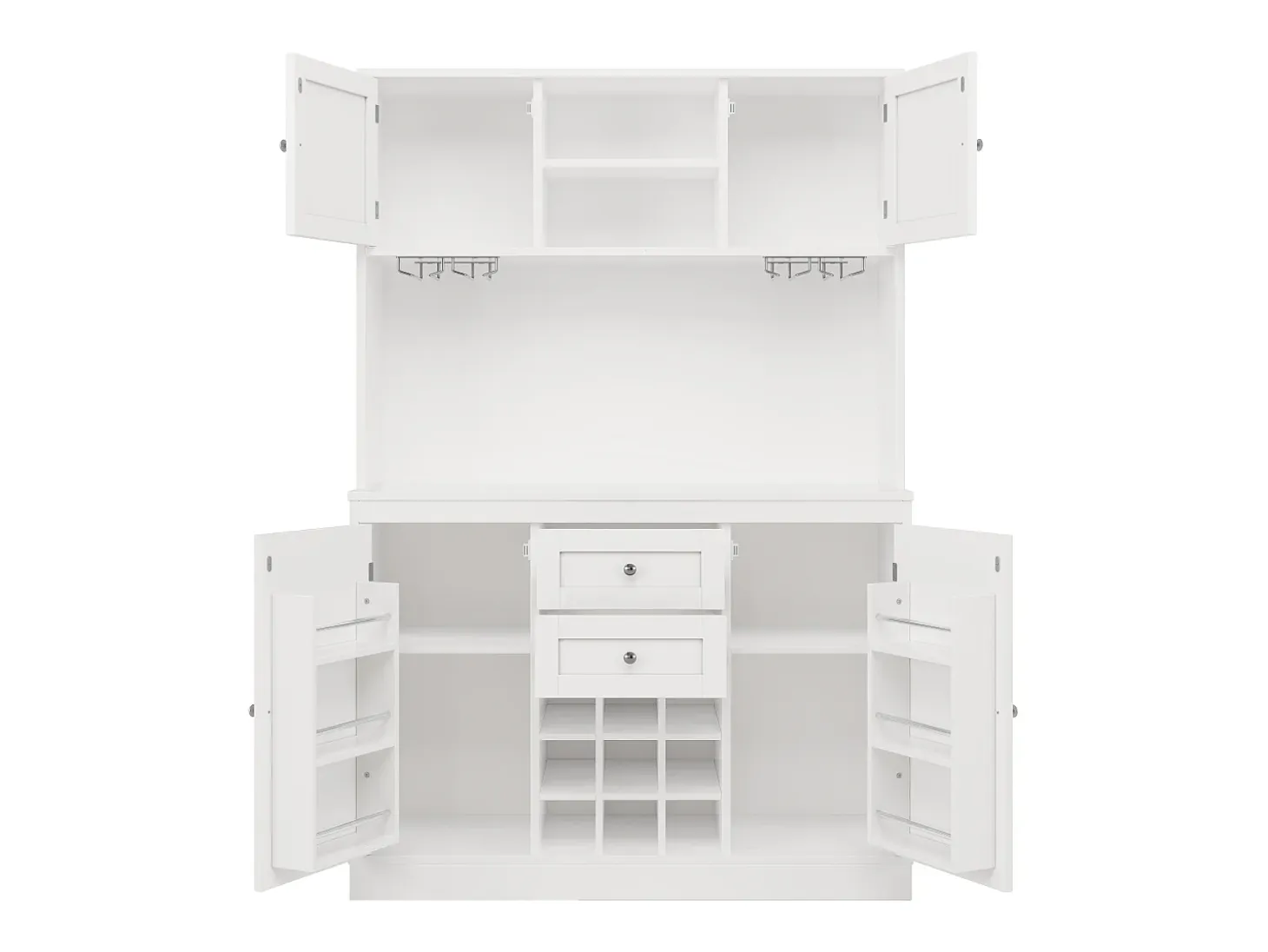 Buffet de cocina - 4 puertas y 2 cajones - Estantes y portabotellas ajustables - Blanco