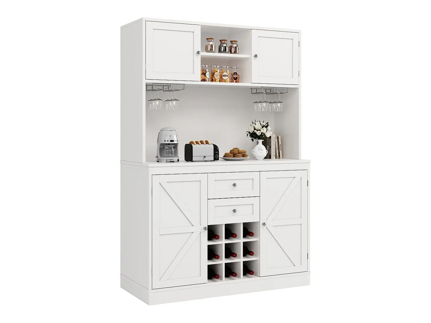 Buffet de cocina - 4 puertas y 2 cajones - Estantes y portabotellas ajustables - Blanco