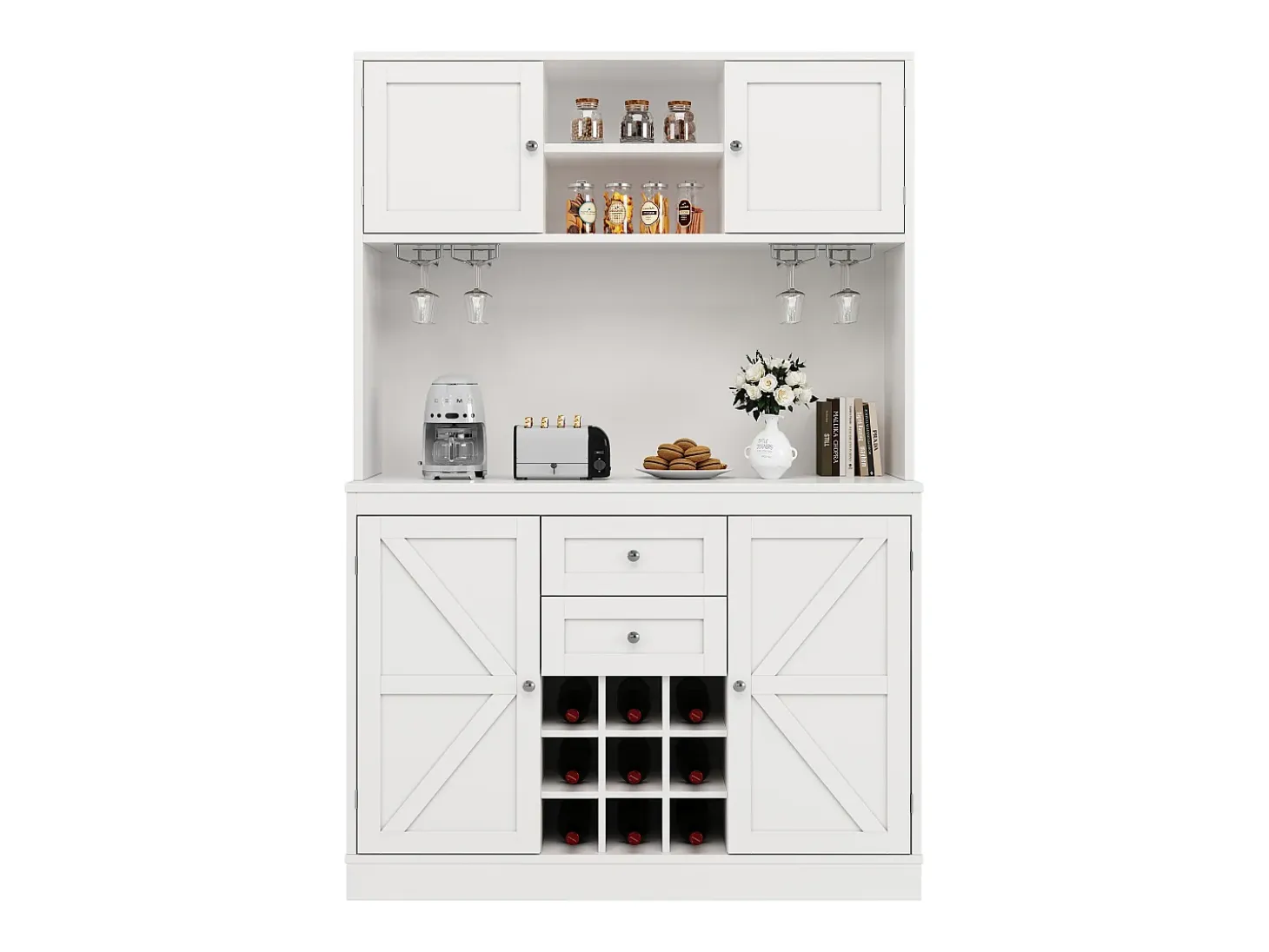 Buffet de cocina - 4 puertas y 2 cajones - Estantes y portabotellas ajustables - Blanco
