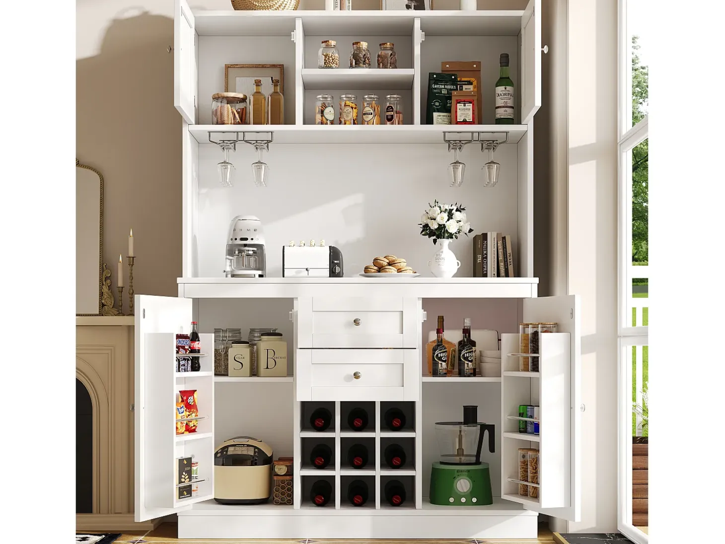 Buffet de cocina - 4 puertas y 2 cajones - Estantes y portabotellas ajustables - Blanco