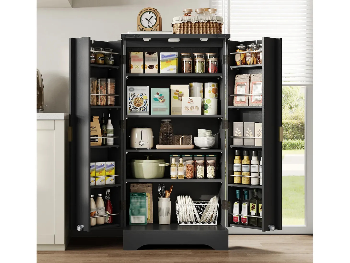 Buffet de cocina moderno 60,5x40x120cm - con luz detector LED - con 2 puertas y un portaespecias - Negro