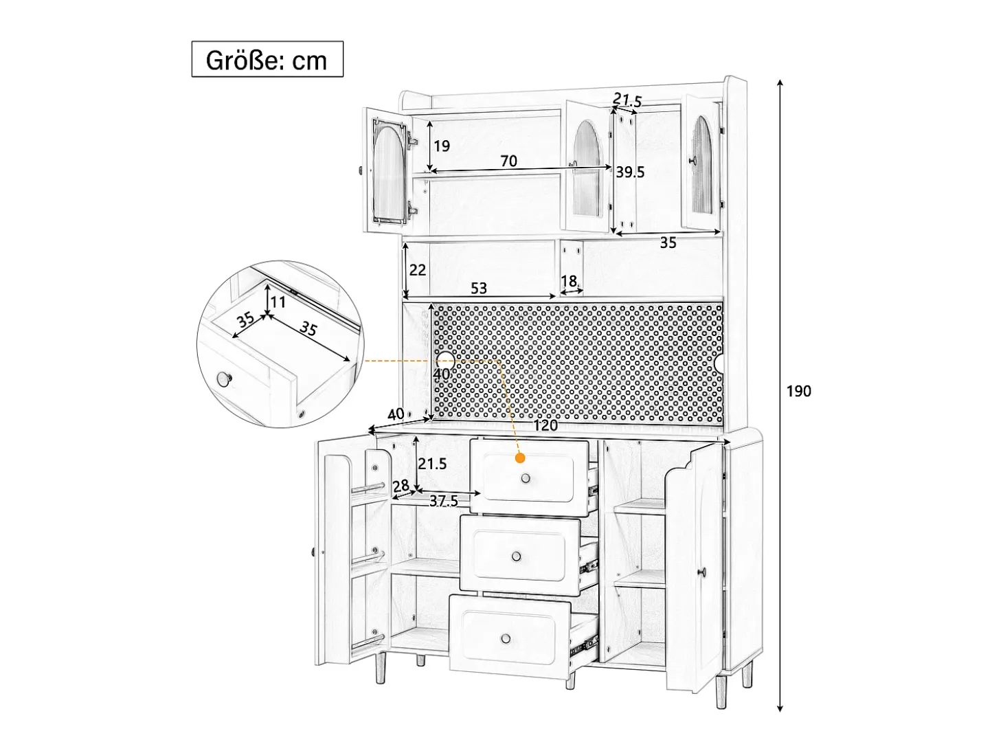 Buffet de cocina moderno 140x40x190cm - con estantes abiertos - con 3 cajones y 5 puertas - Blanco