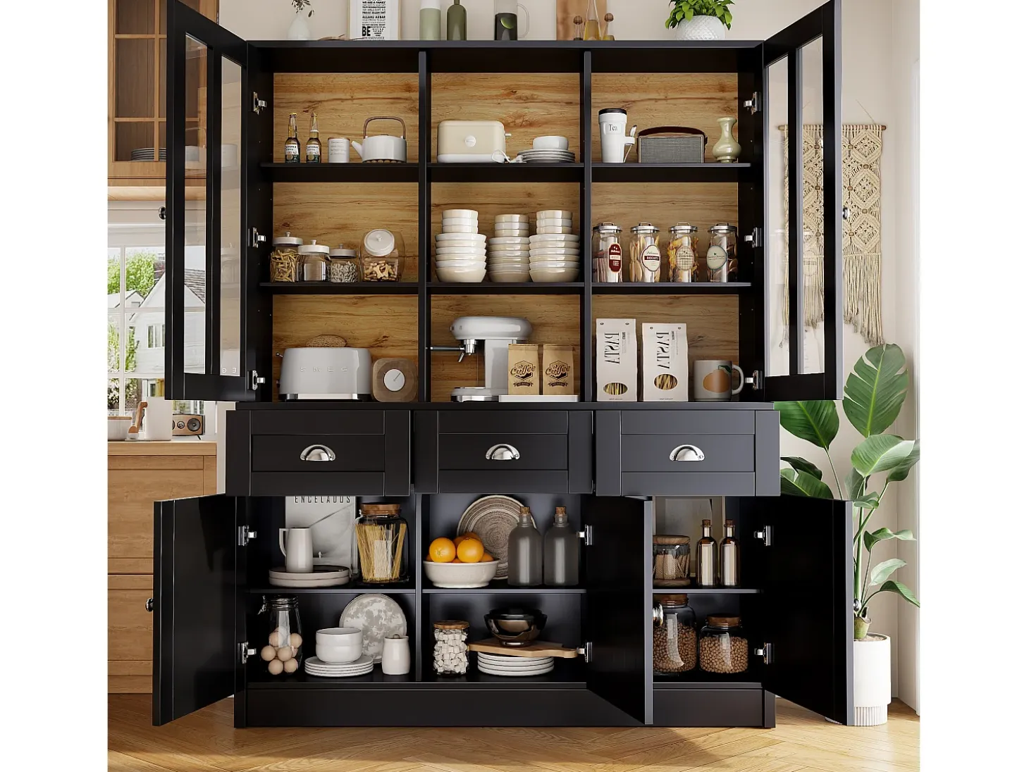 Buffet de cocina moderno 140×38,5×175 cm - con 5 puertas y 3 cajones y 9 estantes - negro