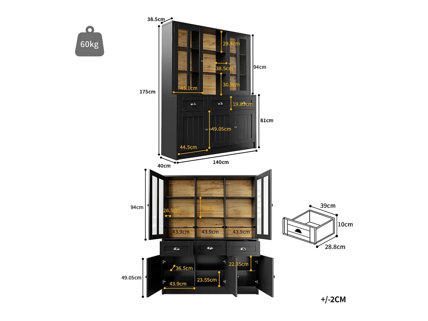 Buffet de cocina moderno 140×38,5×175 cm - con 5 puertas y 3 cajones y 9 estantes - negro