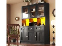 Buffet de cocina moderno 140x40x175cm - 6 puertas + 3 cajones + 9 estantes - mueble alto - con iluminación LED - Negro