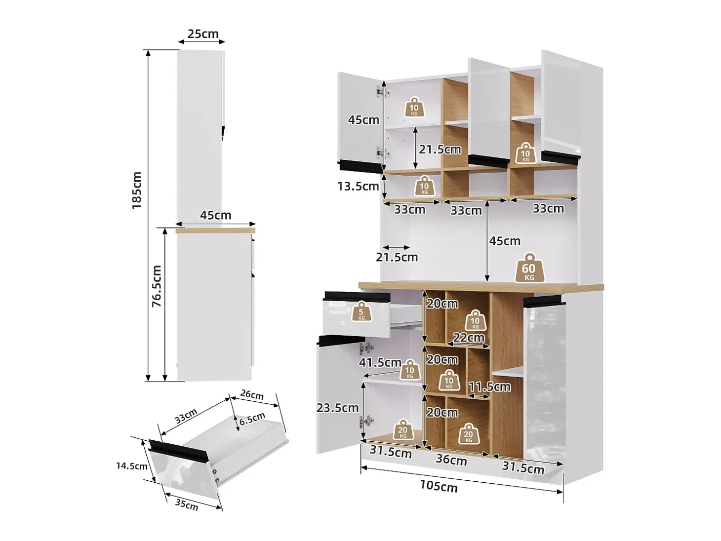 Buffet de cocina moderno 105×45×185 cm - 5 puertas - estantes ajustables - almacenamiento abierto - blanco y natural