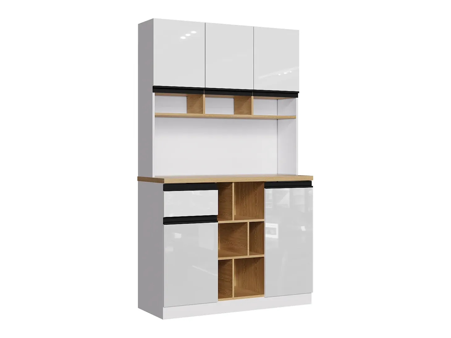 Buffet de cocina moderno 105×45×185 cm - 5 puertas - estantes ajustables - almacenamiento abierto - blanco y natural
