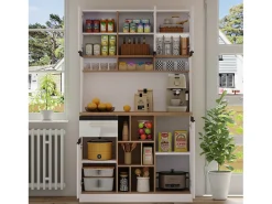 Buffet de cocina moderno 105×45×185 cm - 5 puertas - estantes ajustables - almacenamiento abierto - blanco y natural
