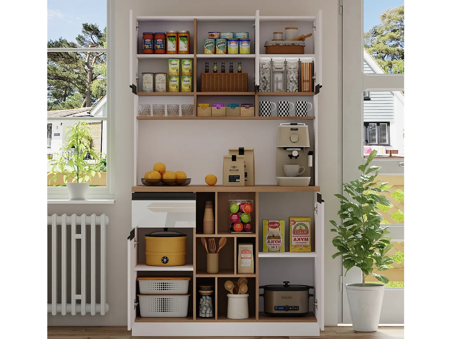 Buffet de cocina moderno 105×45×185 cm - 5 puertas - estantes ajustables - almacenamiento abierto - blanco y natural