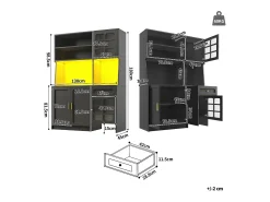Buffet de cocina 130x45x180cm - 4 puertas + 1 cajón + 5 estantes - mueble alto - con iluminación LED - Estilo retro - Negro