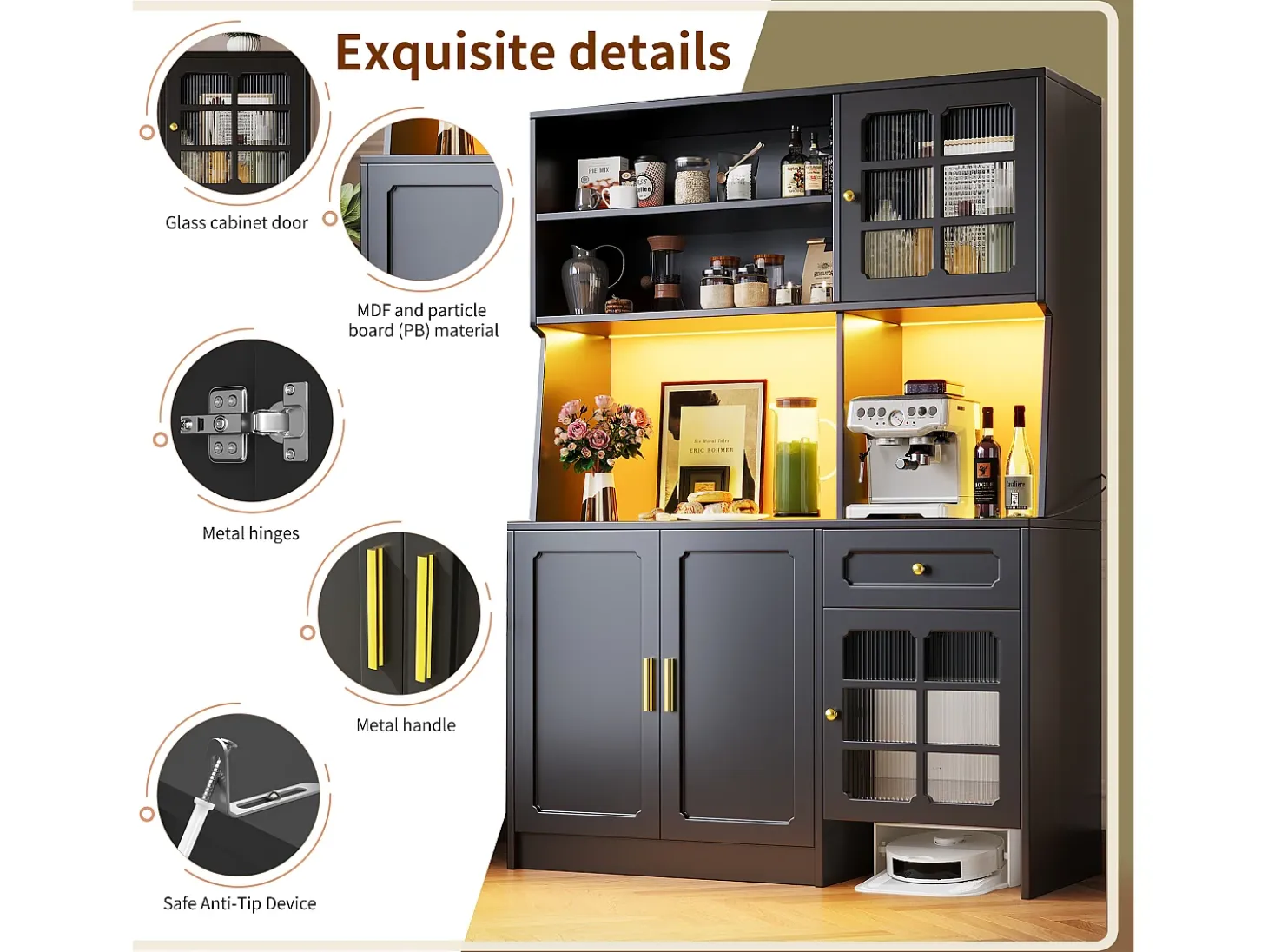 Buffet de cocina 130x45x180cm - 4 puertas + 1 cajón + 5 estantes - mueble alto - con iluminación LED - Estilo retro - Negro