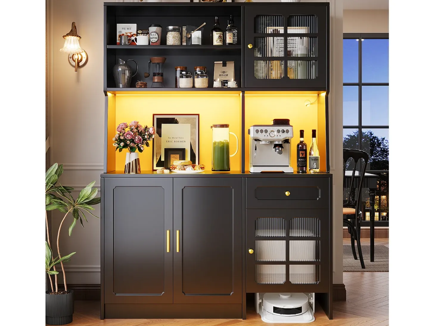 Buffet de cocina 130x45x180cm - 4 puertas + 1 cajón + 5 estantes - mueble alto - con iluminación LED - Estilo retro - Negro