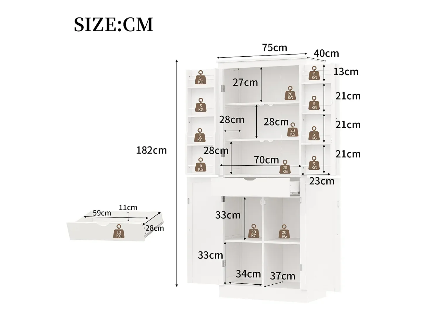 Buffet de cocina 75x40x180cm - 2 puertas de almacenamiento con estantes - 1 cajón y compartimento de almacenamiento - Blanco