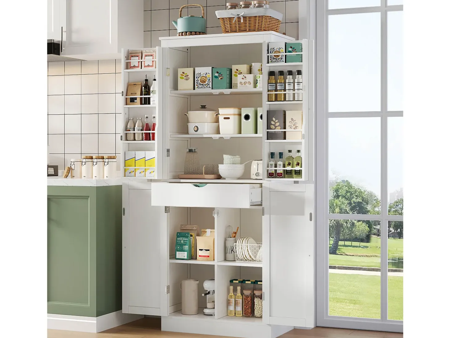 Buffet de cocina 75x40x180cm - 2 puertas de almacenamiento con estantes - 1 cajón y compartimento de almacenamiento - Blanco
